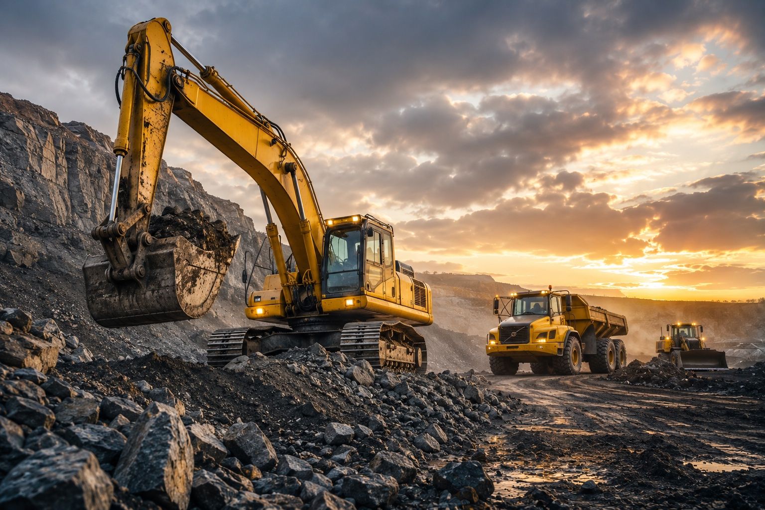 Žluté stavební a těžební stroje Caterpillar na staveništi