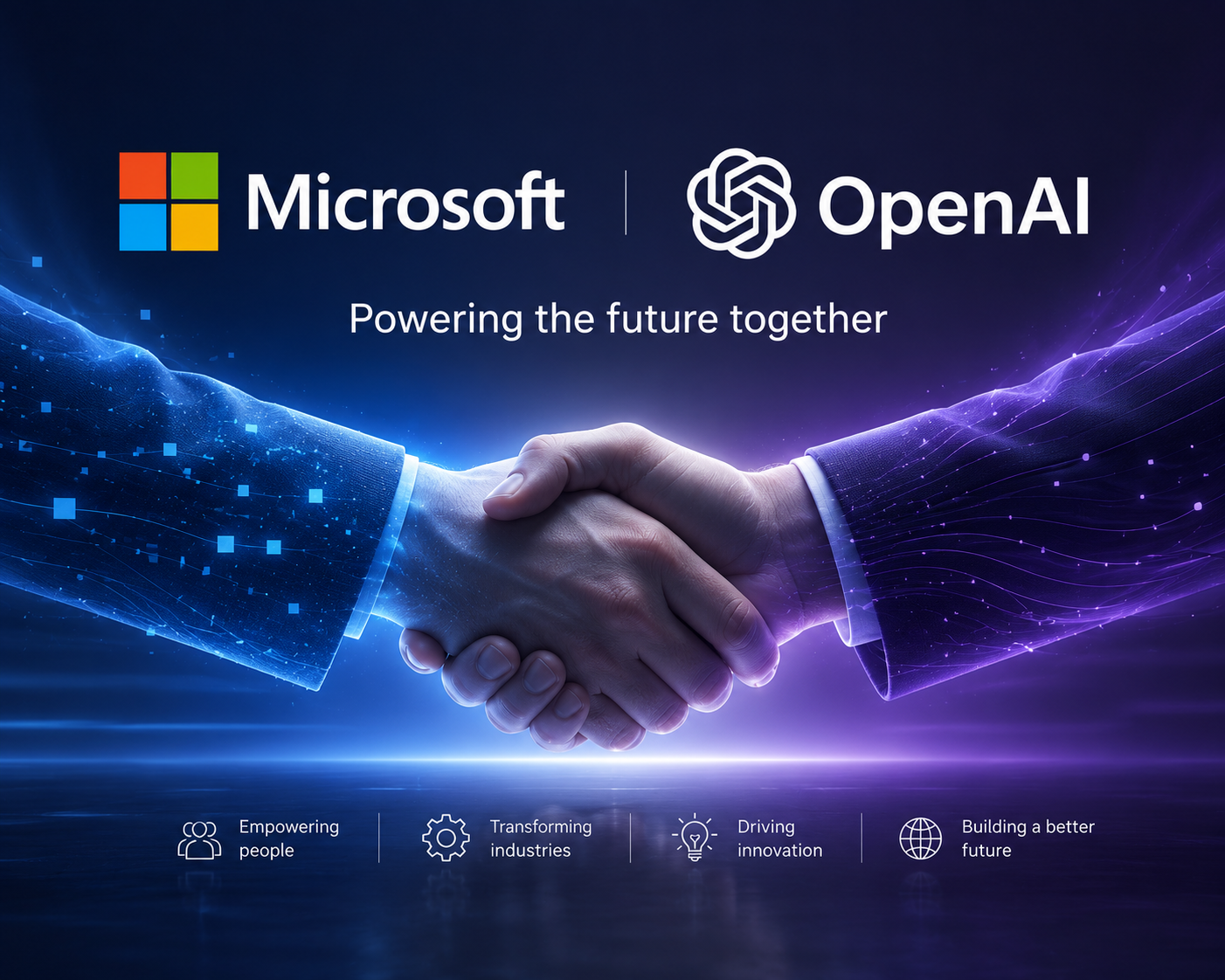 Grafika partnerství Microsoftu a OpenAI — loga obou firem a podání rukou se sloganem „Powering the future together“